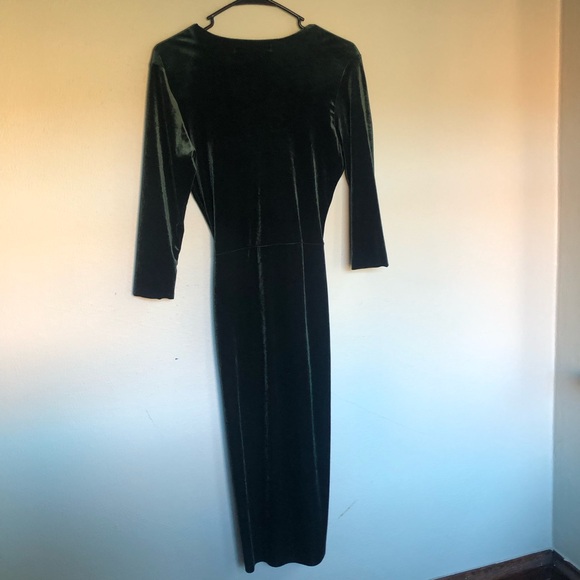 ZARA Velvet Emerald Moss Green Deep V Neck Midi Dress - Picture 4 of 4